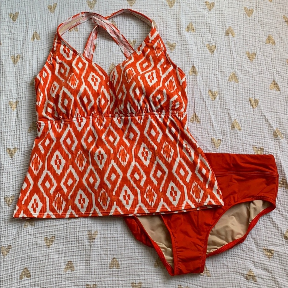 Lands End Orange Ikat Tankini & Bottoms Size 14